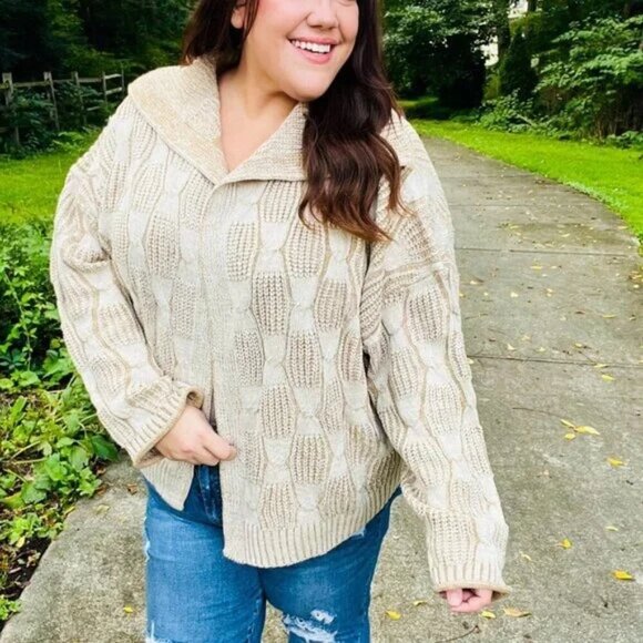 New Autumn Vibes Taupe Textured Cable Knit Collared Cardigan Sizes 1x, 2x, & 3X - Picture 6 of 9